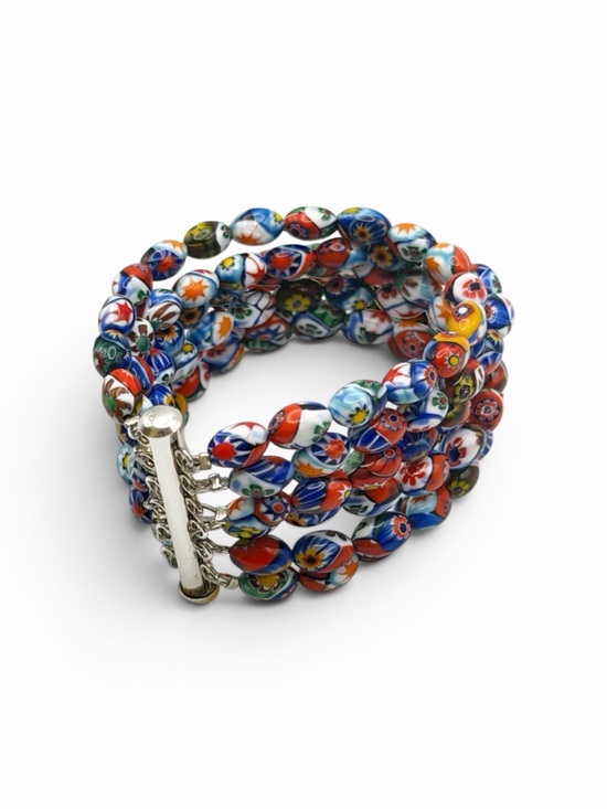 Jewelry - Vintage Murano Millefiori Glass Multi-Strand Bracelet 925 Sterling Silver Clasp